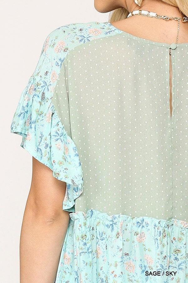 Dot And Floral Print Mixed Ruffle Top With Back Keyhole | Mixtshop LLC