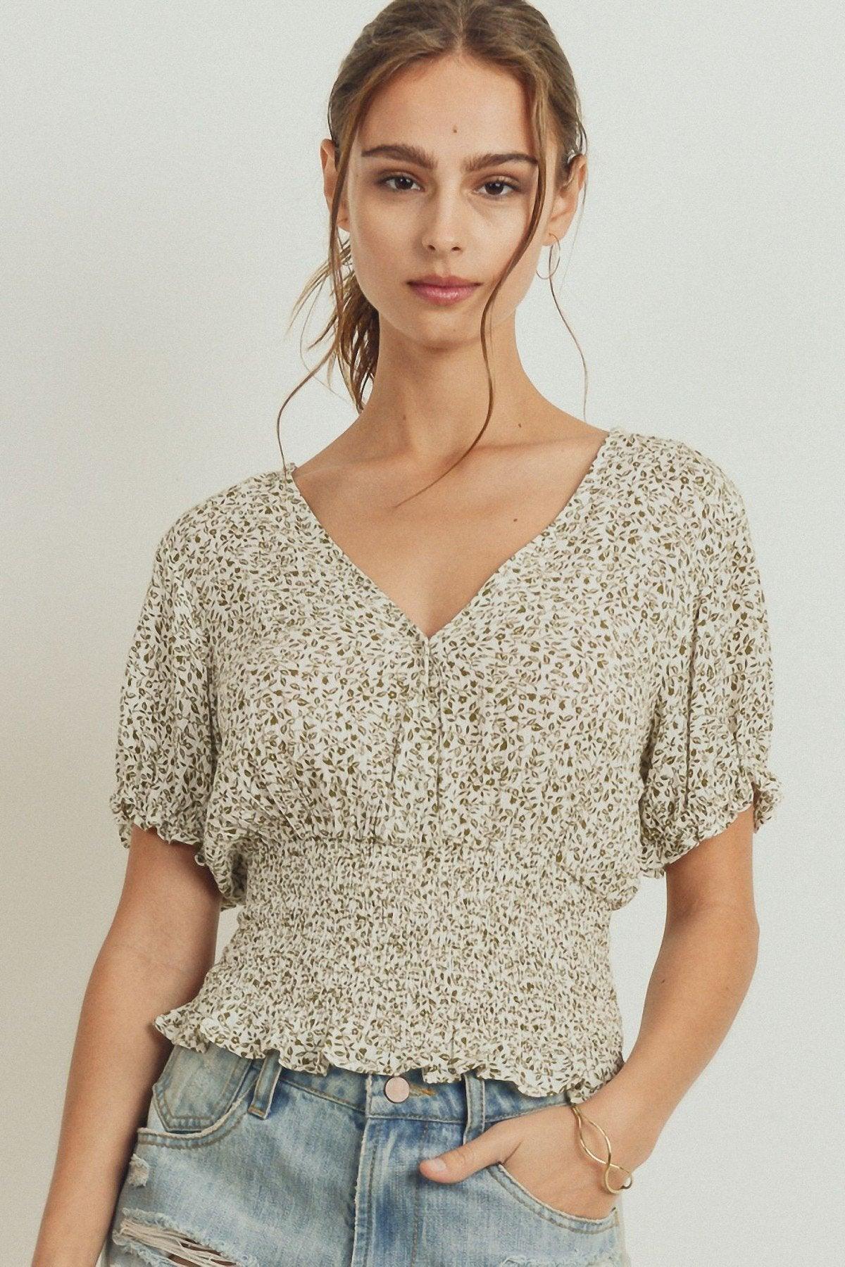 Puff Sleeve Smocked Waist Surplice Top | Mixtshop LLC Main image