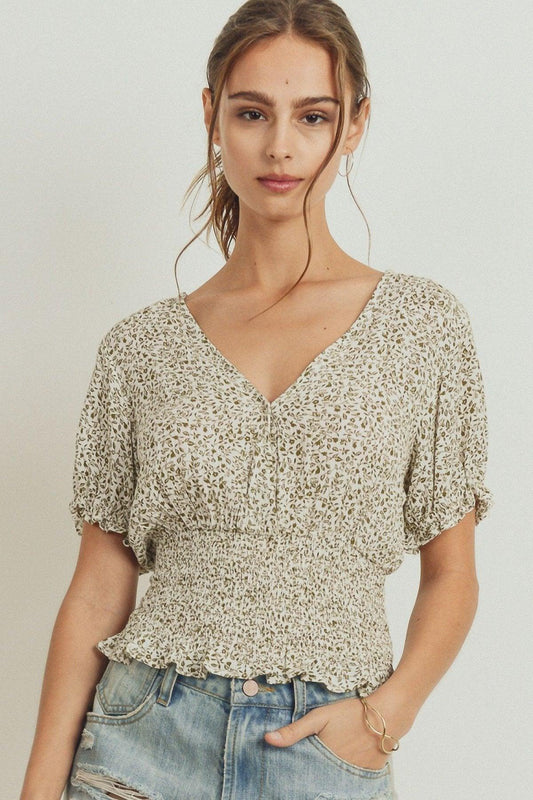Puff Sleeve Smocked Waist Surplice Top | Mixtshop LLC