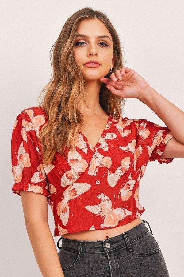 Butterfly Vneck Crop Smocked Back Waist | Mixtshop LLC