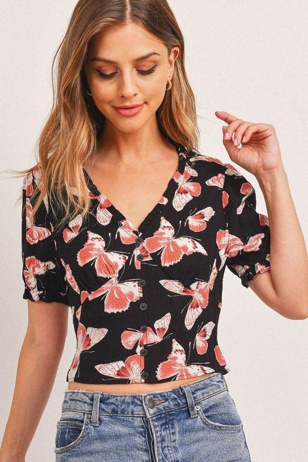 Butterfly Vneck Crop Smocked Back Waist | Mixtshop LLC Main image