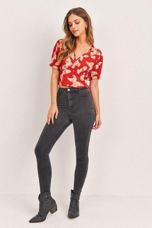 Butterfly Vneck Crop Smocked Back Waist | Mixtshop LLC
