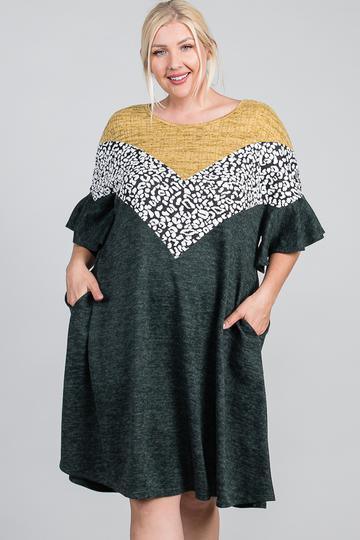 Ruffled Sleeve A Line Hidden Pocket Color Block Dress | Mixtshop LLC Main image