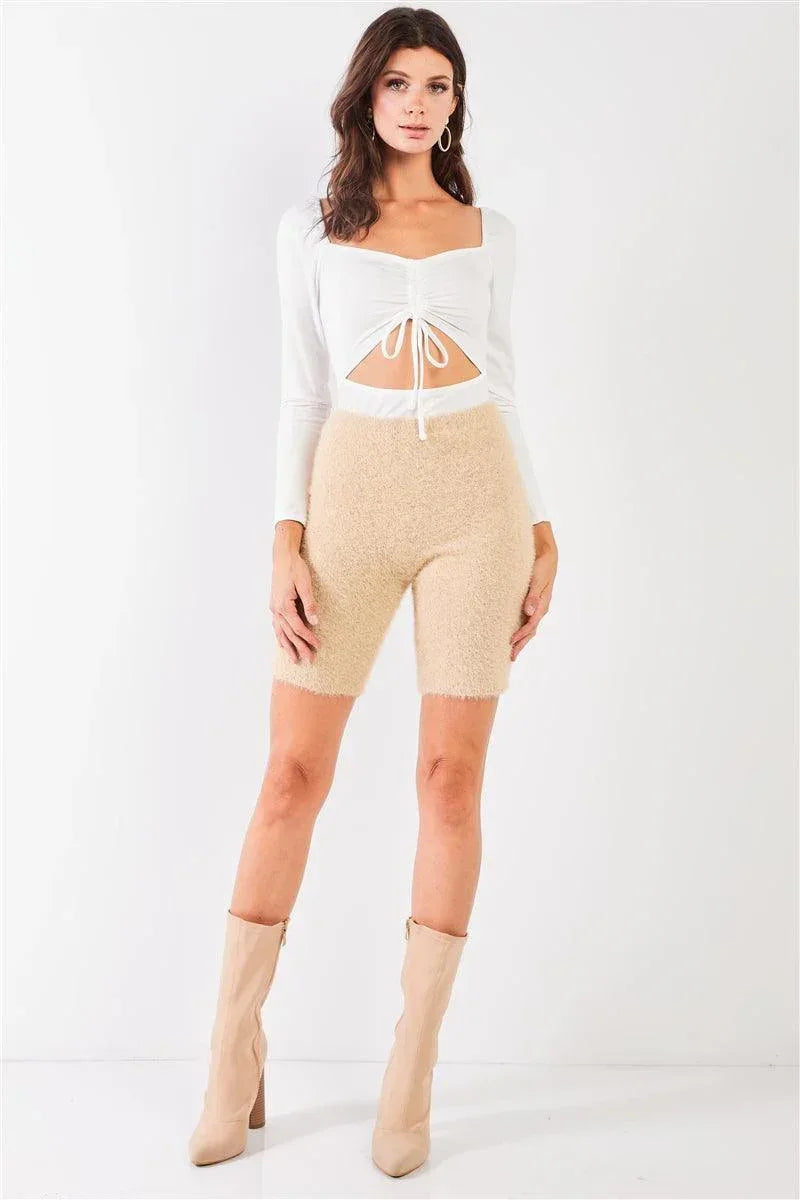 Oatmeal Beige Knit High Waist Stretchy Warm Fuzzy Biker Shorts | Mixtshop LLC