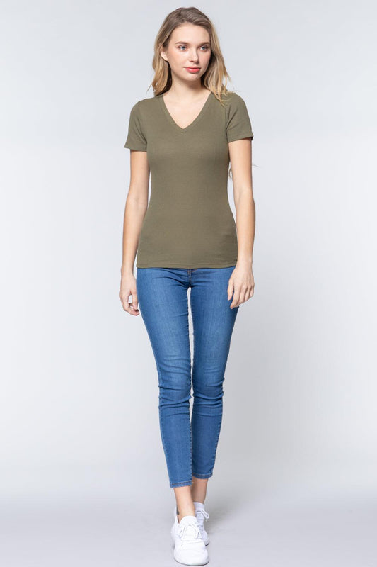 Short Sleeve V-neck Rib Top | Mixtshop LLC