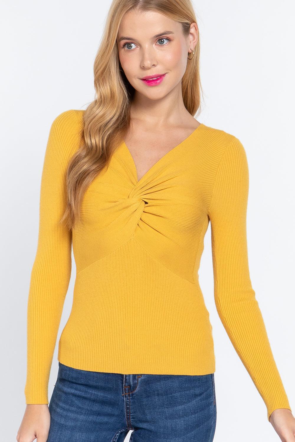 Long Slv V-neck Knotted Sweater | Mixtshop LLC Main image