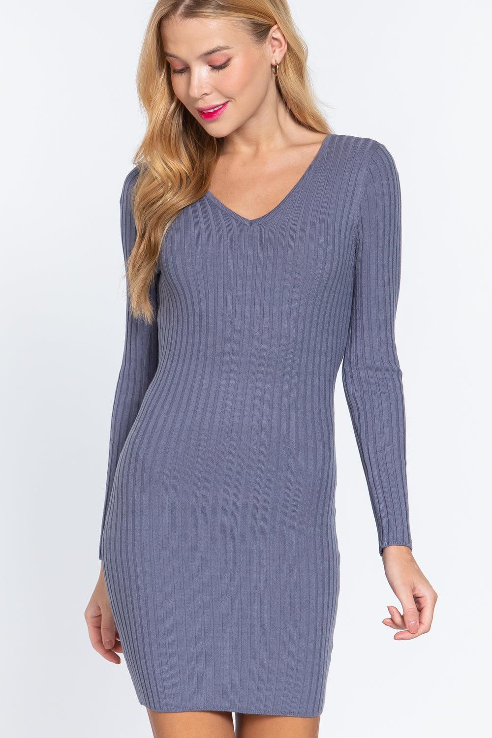 Long Slv V-neck Sweater Mini Dress | Mixtshop LLC Main image
