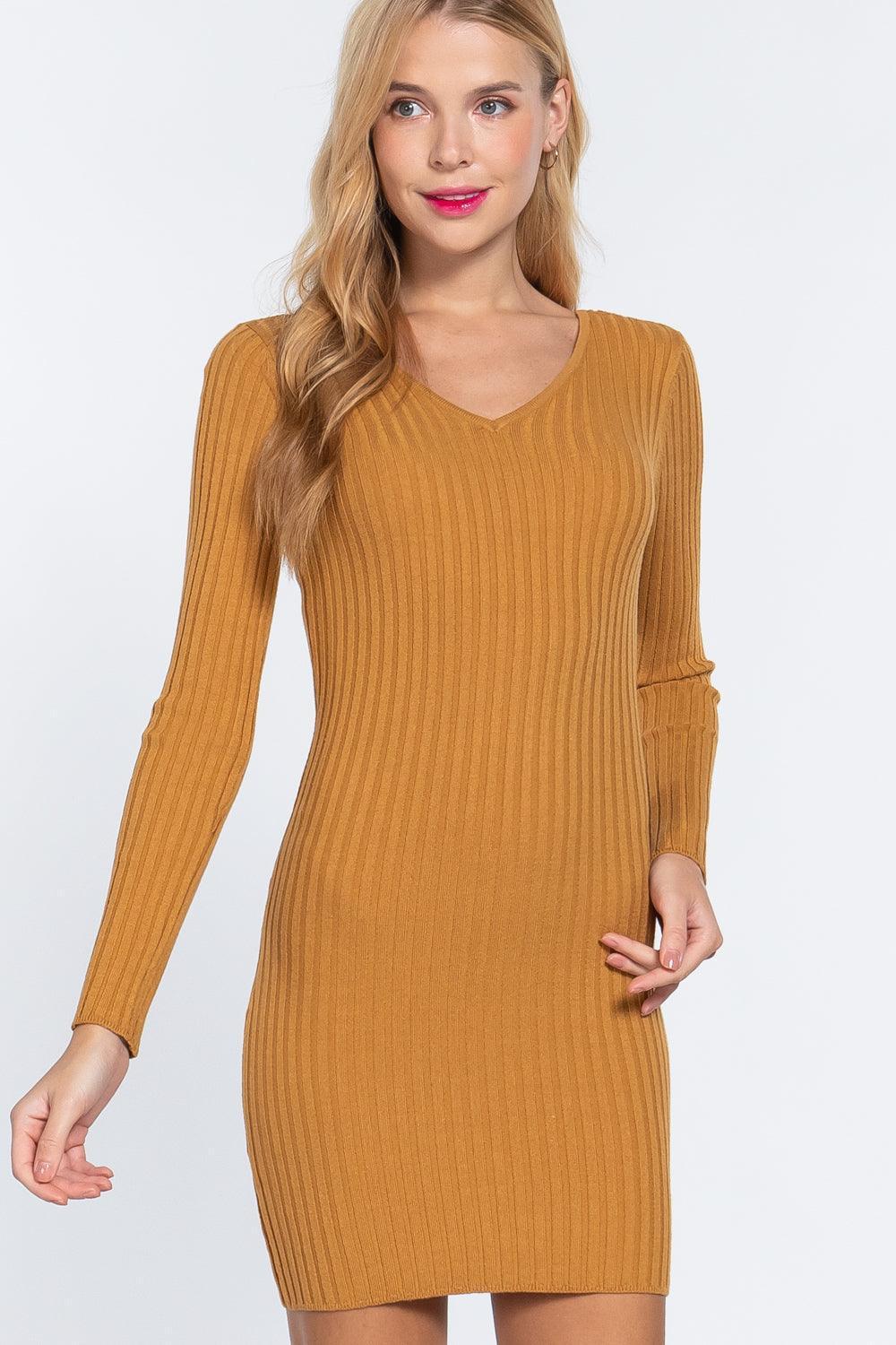 Long Slv V-neck Sweater Mini Dress | Mixtshop LLC Main image