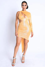 Foil Asymmetric Sleeve And Cut Out Midi Dress | Mixtshop LLC