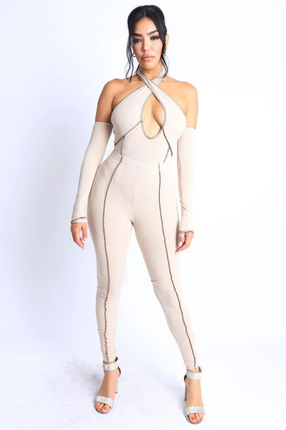Overlock Detailed Cross Halter Keyhole Neck Off Shoulder Set | Mixtshop LLC Main image