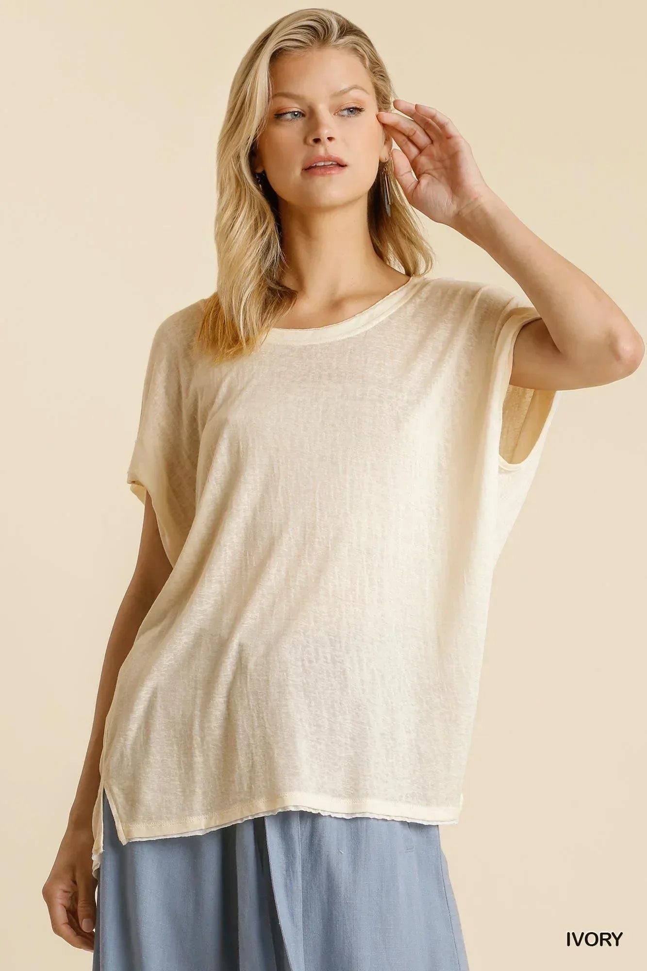 Short Sheer Dolman Sleeve Scoop Neck Top With Side Slit | Mixtshop LLC Main image