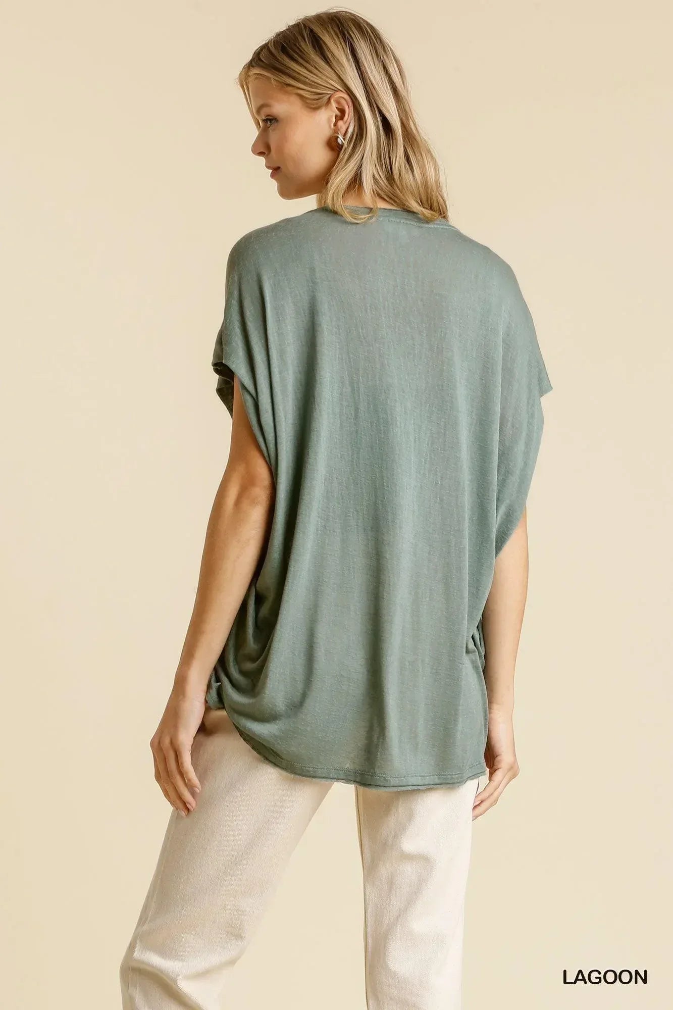 Short Sheer Dolman Sleeve Scoop Neck Top With Side Slit Secondary image