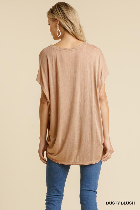Short Sheer Dolman Sleeve Scoop Neck Top With Side Slit | Mixtshop LLC