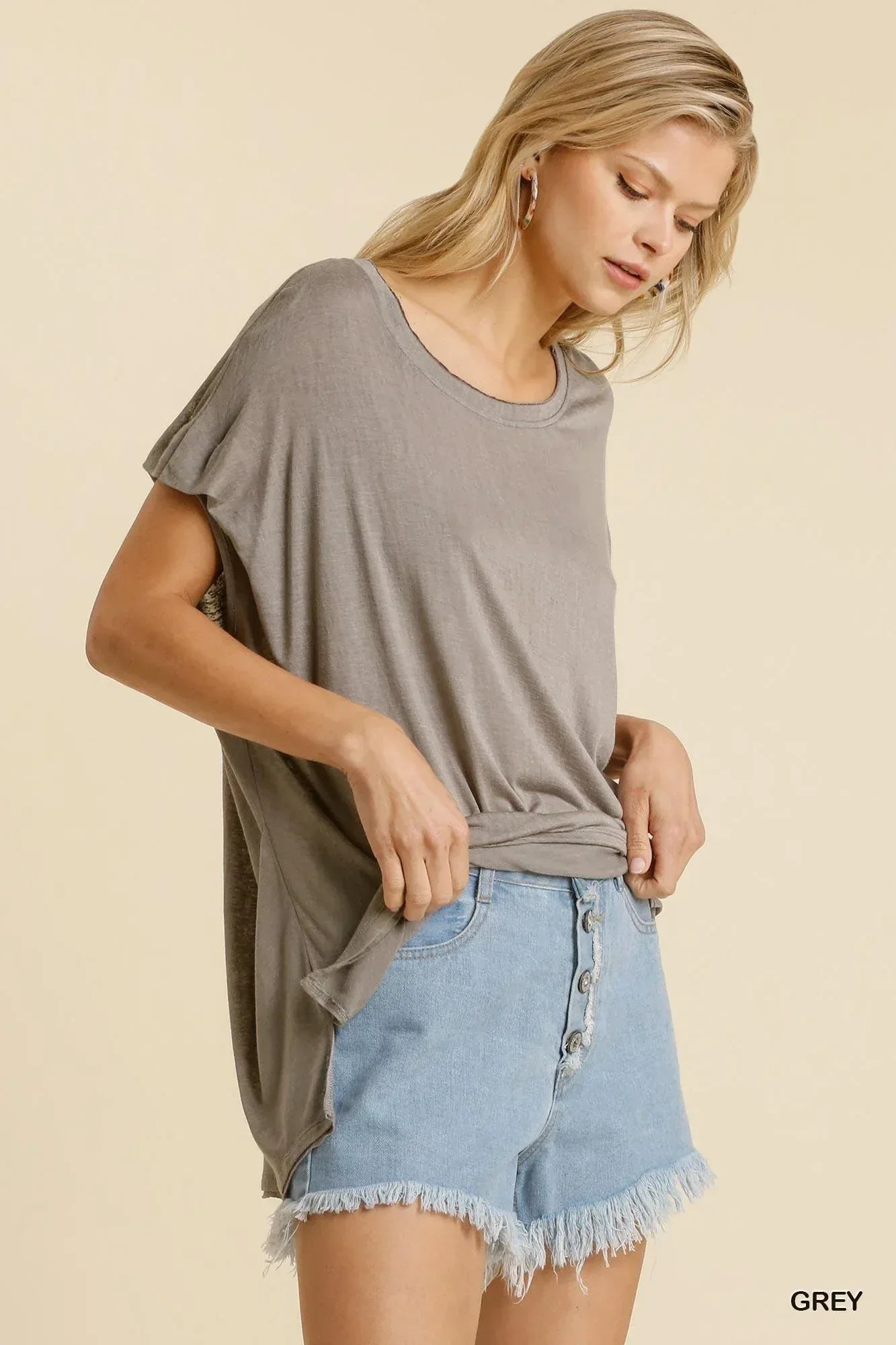 Short Sheer Dolman Sleeve Scoop Neck Top With Side Slit | Mixtshop LLC