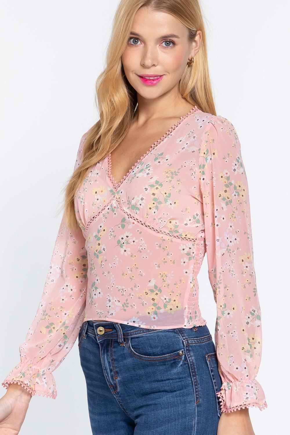 Ruffle Slv Floral Print Chiffon Top | Mixtshop LLC
