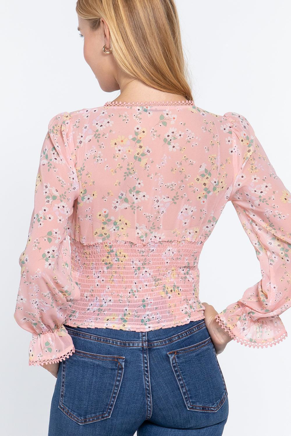 Ruffle Slv Floral Print Chiffon Top | Mixtshop LLC