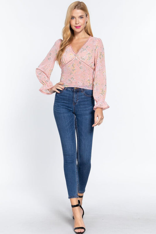 Ruffle Slv Floral Print Chiffon Top | Mixtshop LLC