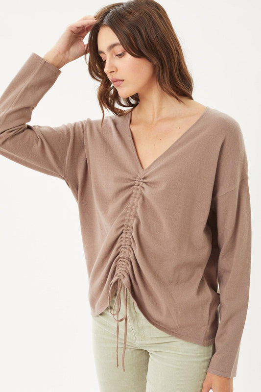 A V-neckline Drawstring Ruched Top | Mixtshop LLC