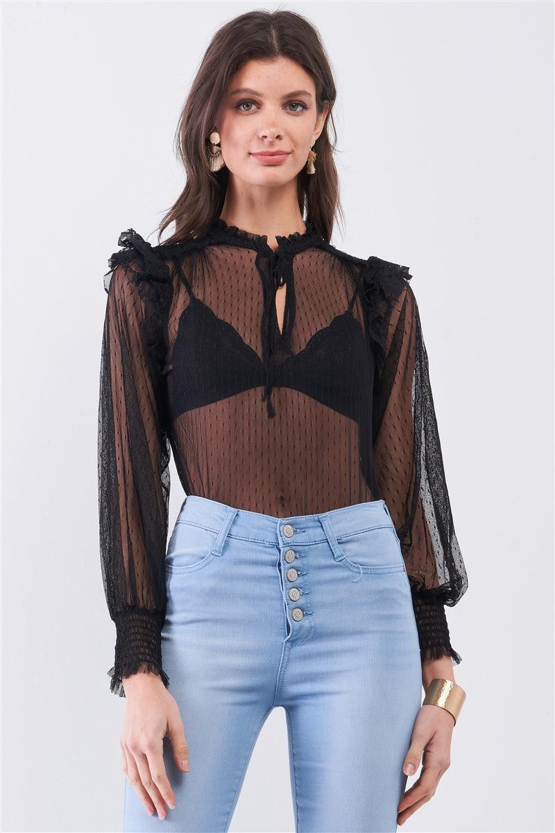 Black Sheer Mesh Polka Dot Frill Trim Long Sleeve Bodysuit | Mixtshop LLC Main image