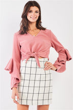 Fuzzy long ruffle sleeve v-neck self-tie front detail cropped top | Mixtshop LLC
