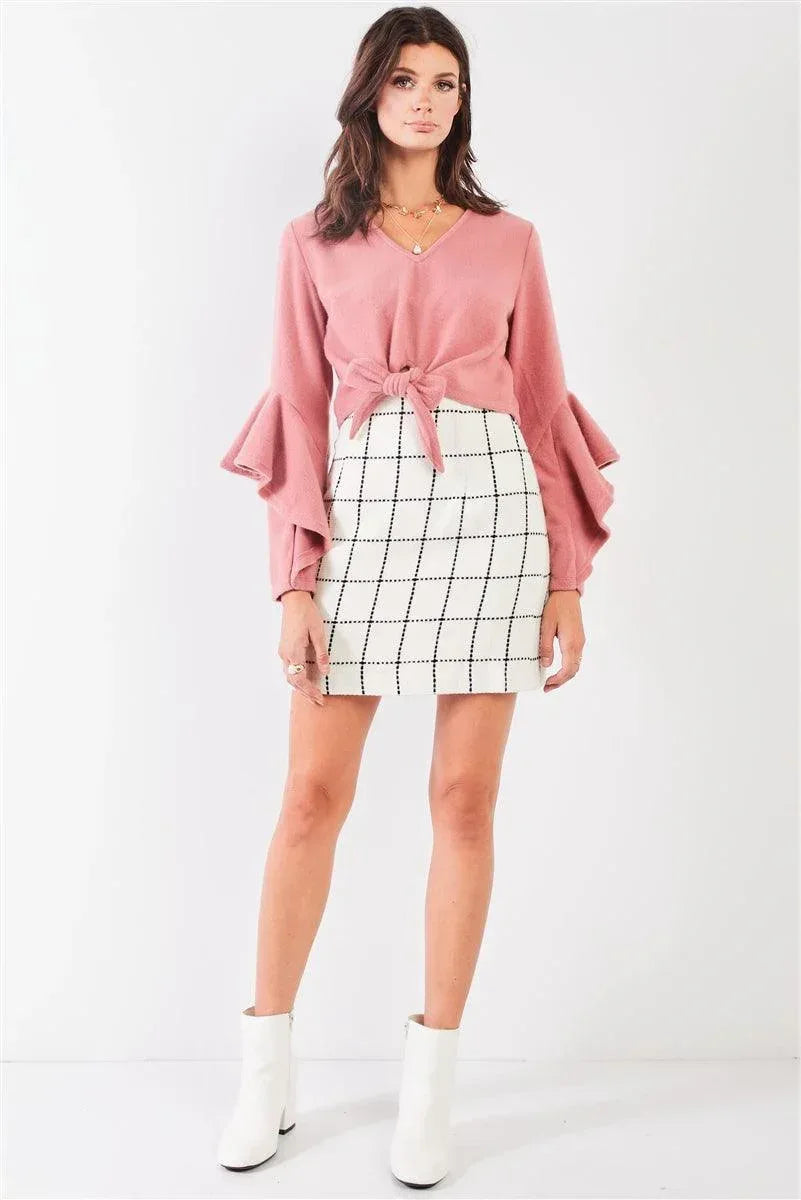 Fuzzy long ruffle sleeve v-neck self-tie front detail cropped top | Mixtshop LLC