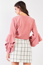 Fuzzy long ruffle sleeve v-neck self-tie front detail cropped top | Mixtshop LLC