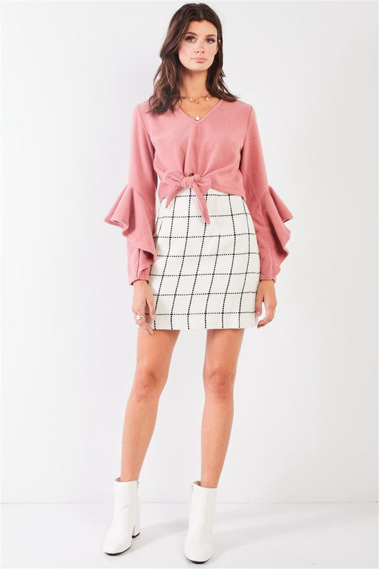 Fuzzy long ruffle sleeve v-neck self-tie front detail cropped top | Mixtshop LLC