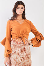 Fuzzy long ruffle sleeve v-neck self-tie front detail cropped top | Mixtshop LLC