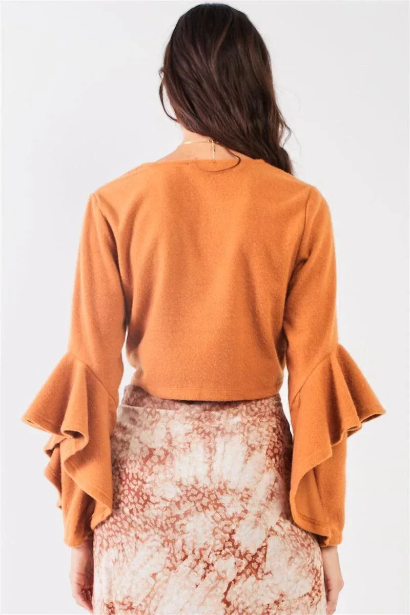 Fuzzy long ruffle sleeve v-neck self-tie front detail cropped top | Mixtshop LLC