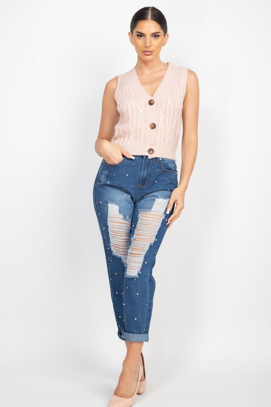 Rhinestones Ripped-front Denim Jeans | Mixtshop LLC