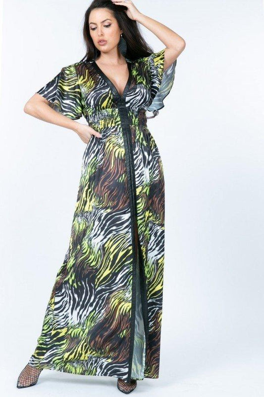 Deep V Neck Slit Zebra Print Long Dress | Mixtshop LLC