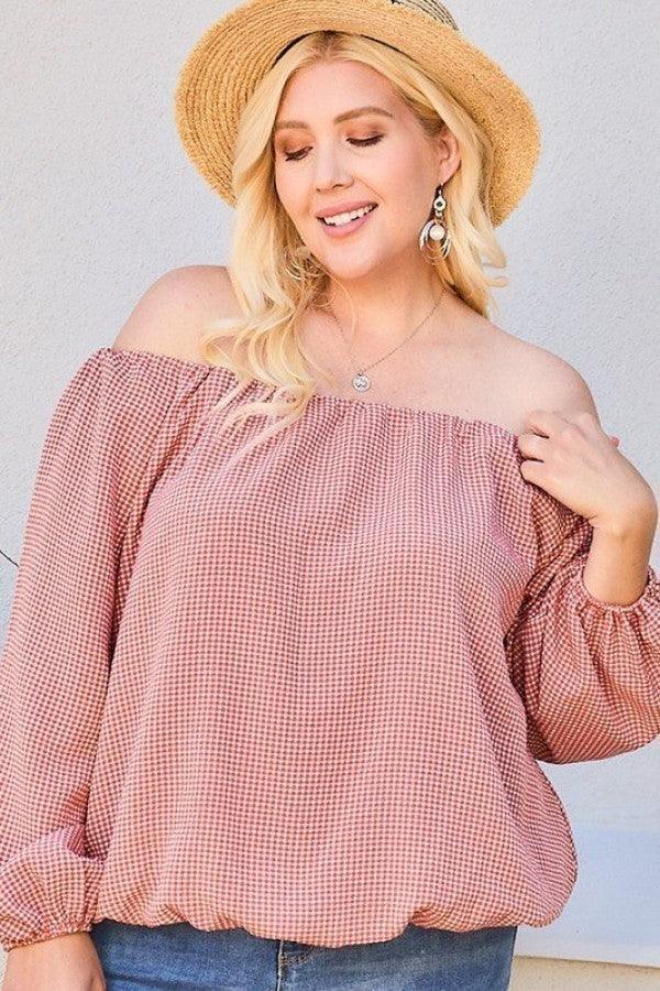 Off Shoulder Long Bubble Sleeve Plaid Top | Mixtshop LLC Main image