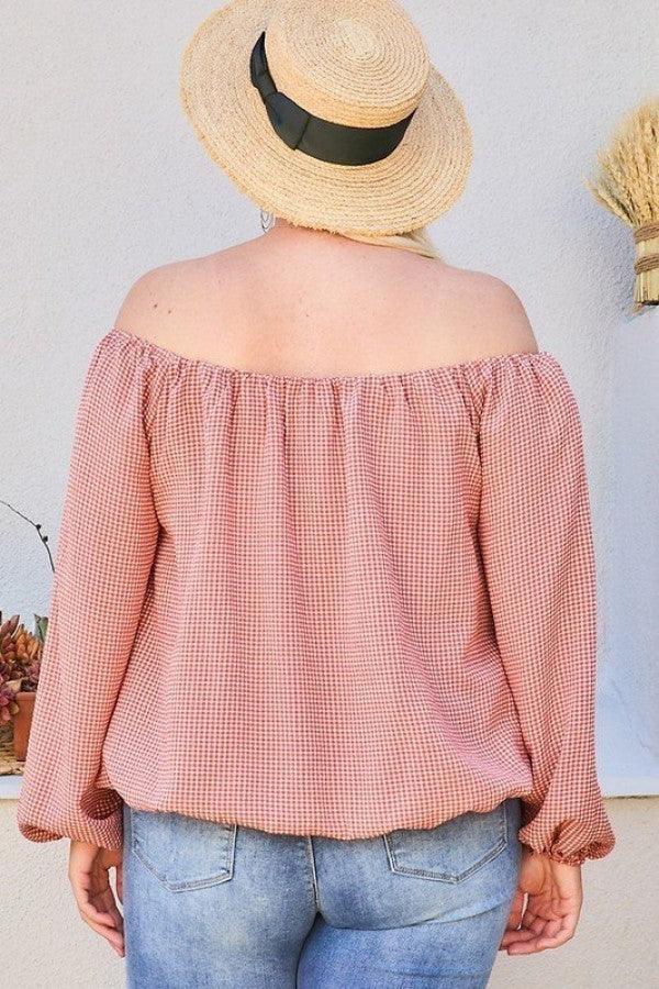 Off Shoulder Long Bubble Sleeve Plaid Top | Mixtshop LLC