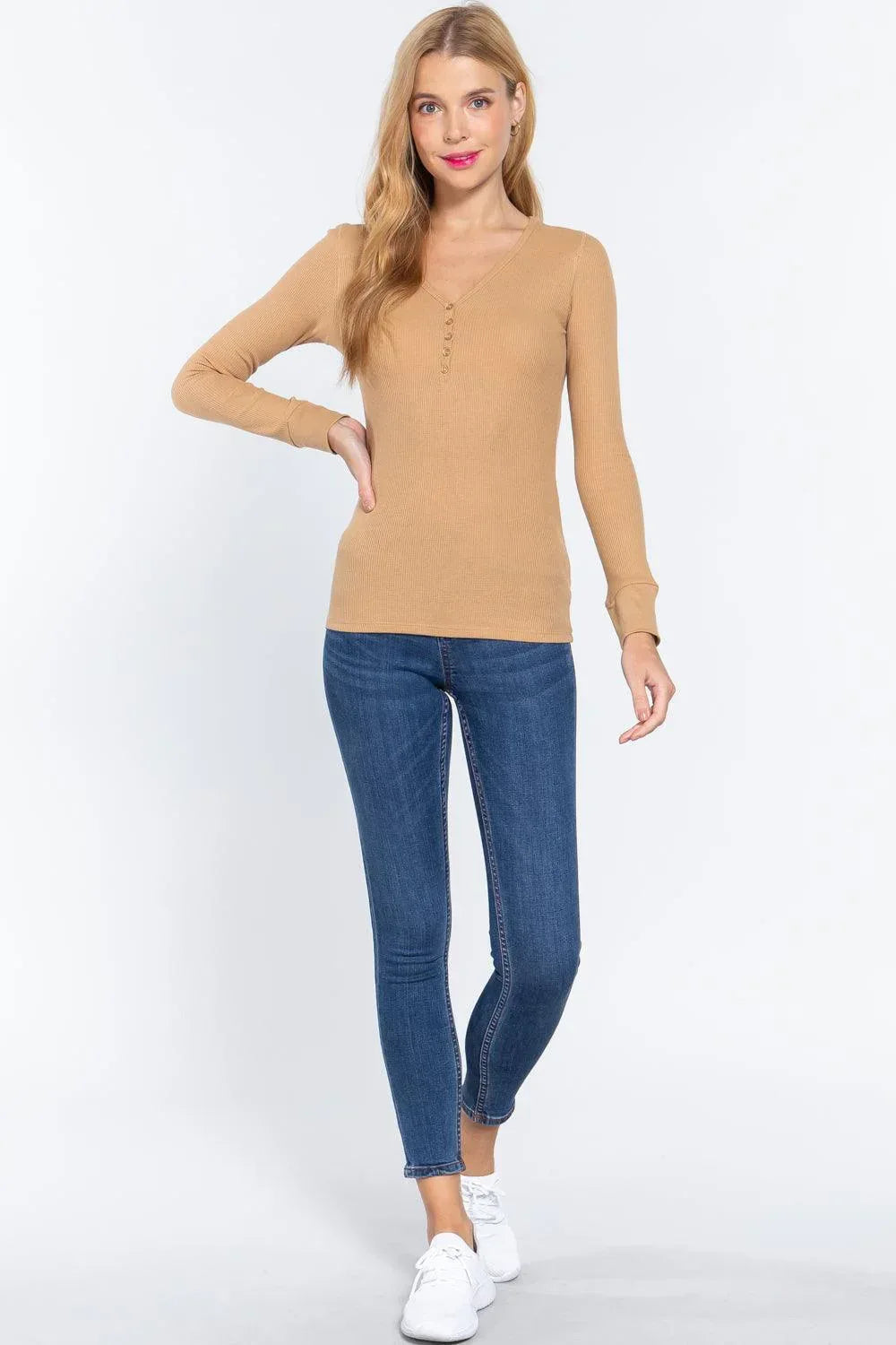 Long Slv V-neck Placket Thermal Top Secondary image