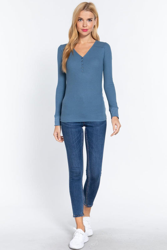 Long Slv V-neck Placket Thermal Top | Mixtshop LLC