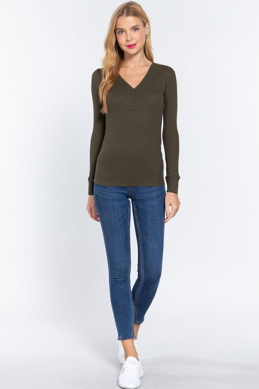 Long Slv V-neck Placket Thermal Top | Mixtshop LLC