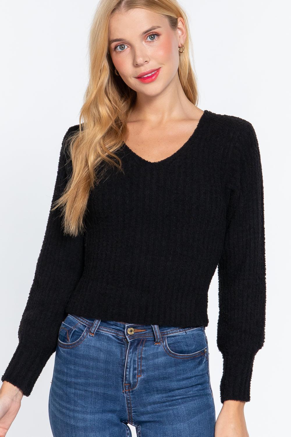 Long Puff Slv V-neck Rib Sweater | Mixtshop LLC Main image