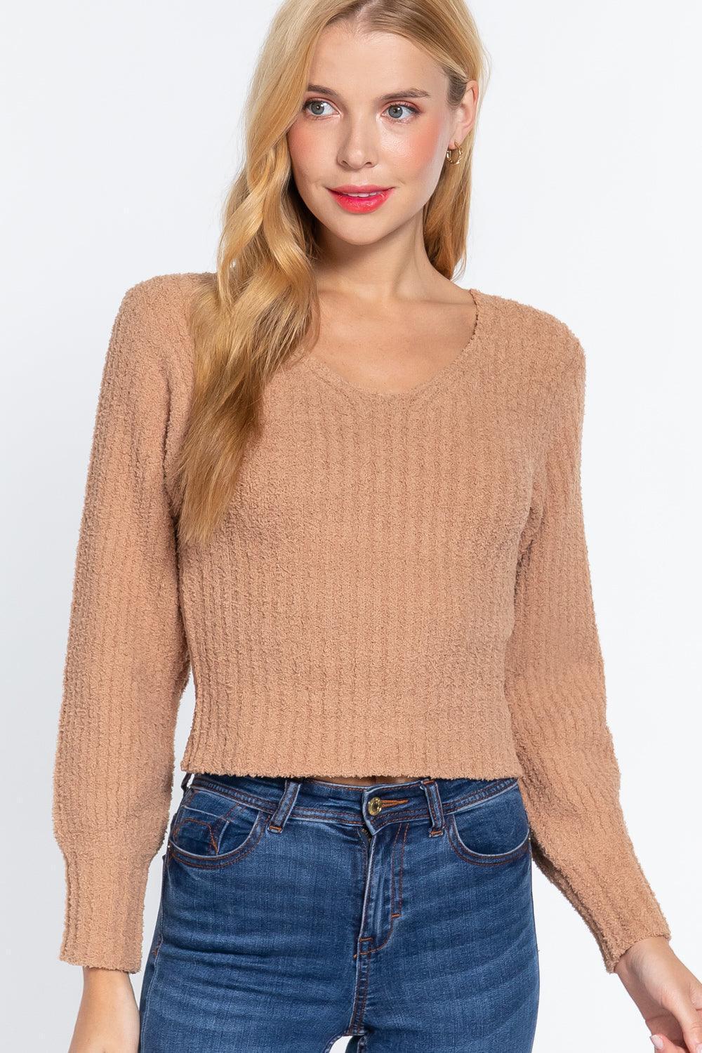 Long Puff Slv V-neck Rib Sweater | Mixtshop LLC Main image