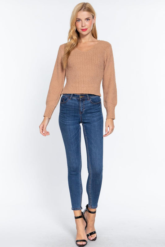 Long Puff Slv V-neck Rib Sweater | Mixtshop LLC