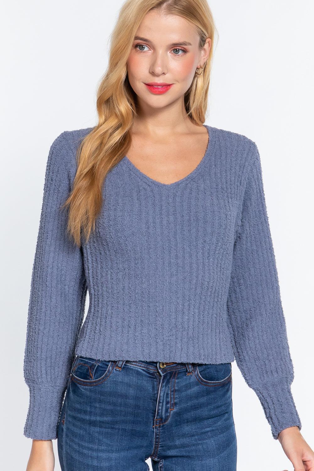 Long Puff Slv V-neck Rib Sweater | Mixtshop LLC Main image