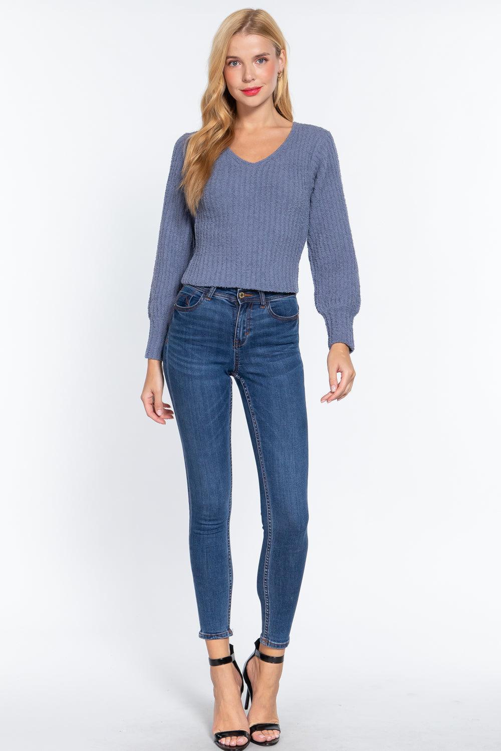 Long Puff Slv V-neck Rib Sweater Secondary image