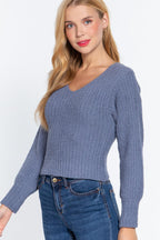 Long Puff Slv V-neck Rib Sweater | Mixtshop LLC