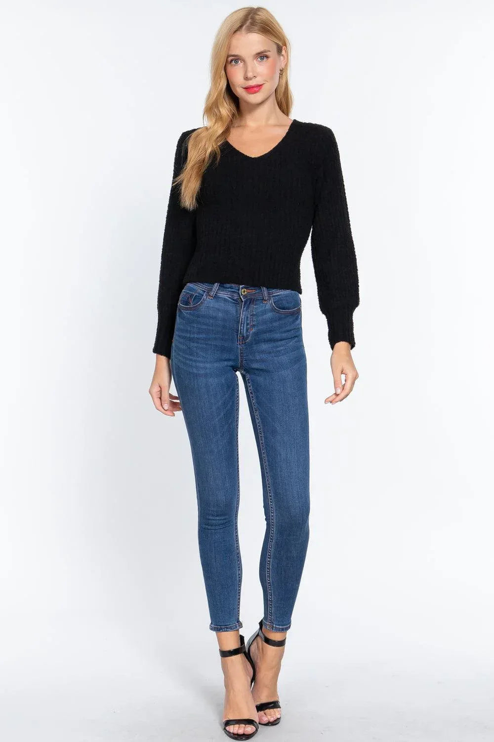 Long Puff Slv V-neck Rib Sweater Secondary image