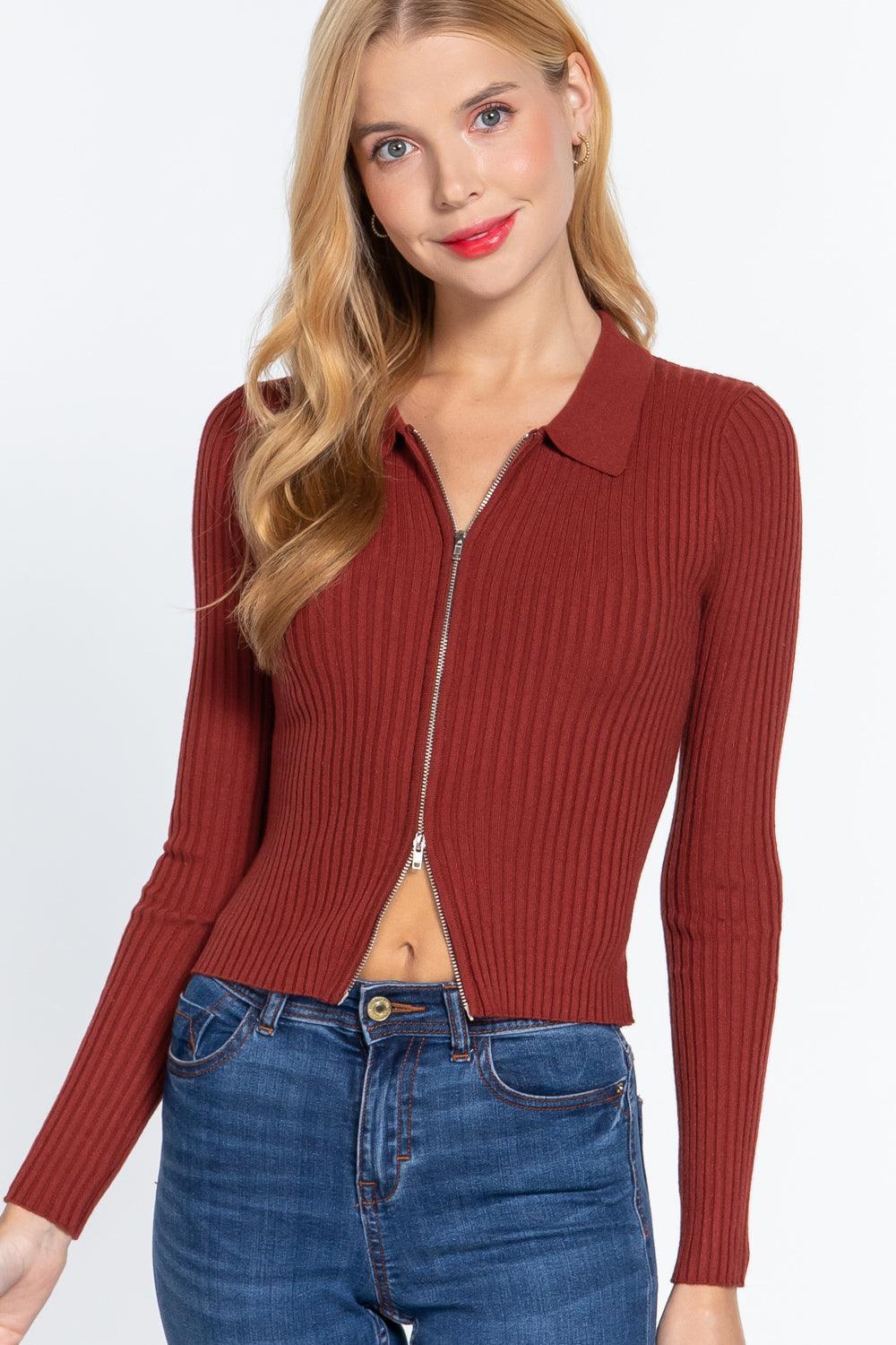 Notched Collar Zippered Sweater | Mixtshop LLC Main image