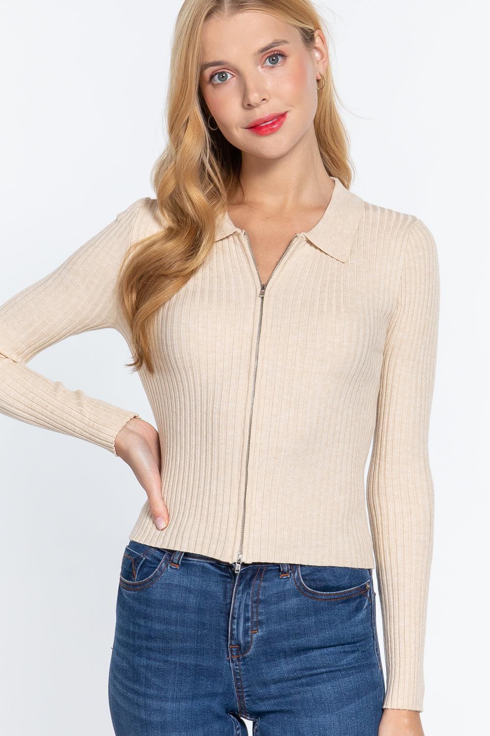 Notched Collar Zippered Sweater | Mixtshop LLC