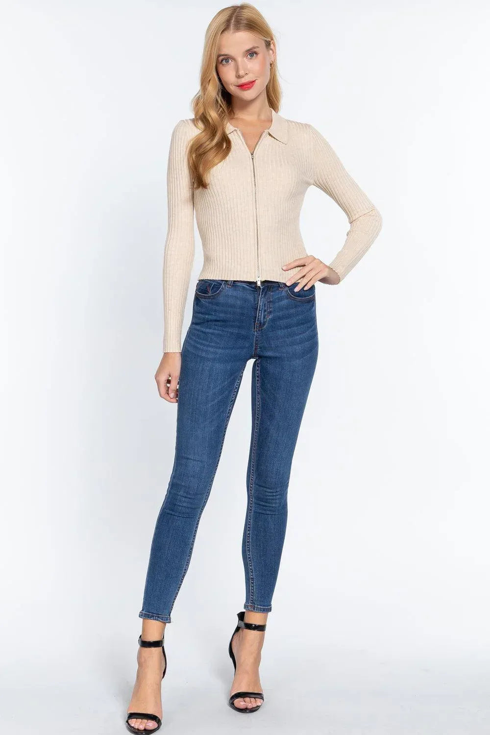 Notched Collar Zippered Sweater | Mixtshop LLC