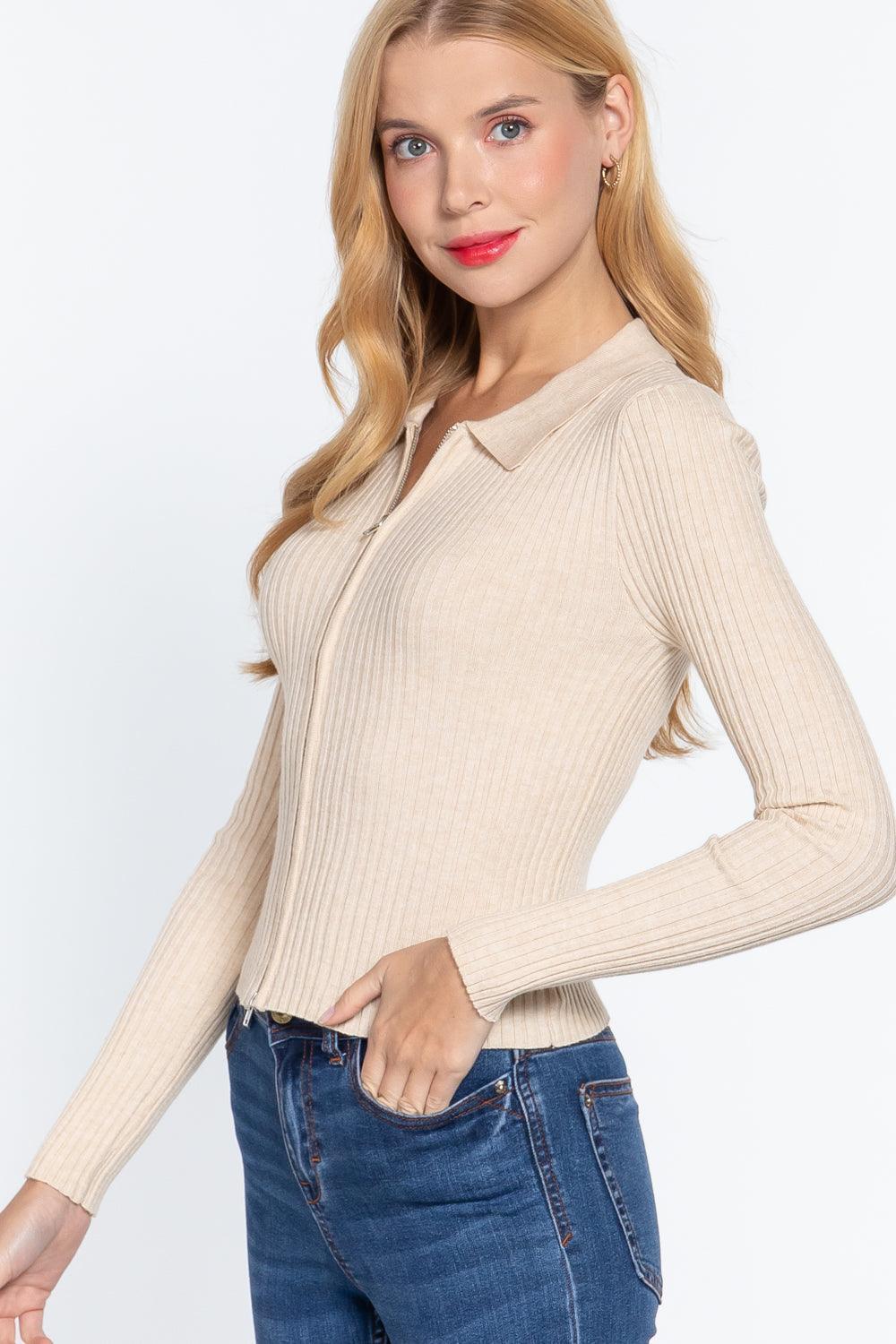 Notched Collar Zippered Sweater | Mixtshop LLC