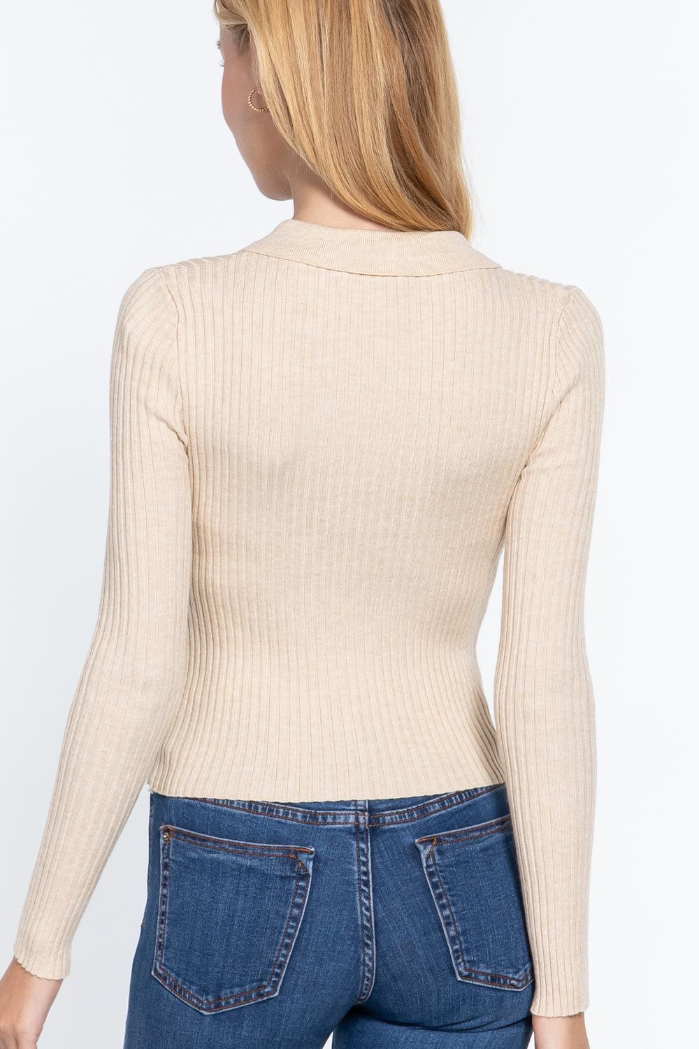 Notched Collar Zippered Sweater | Mixtshop LLC