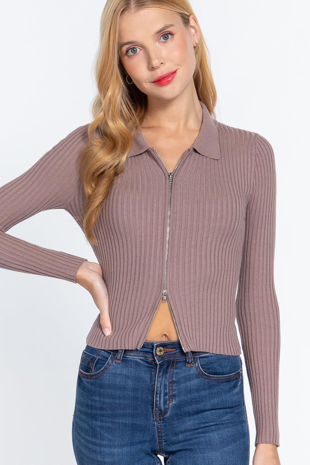 Notched Collar Zippered Sweater | Mixtshop LLC Main image