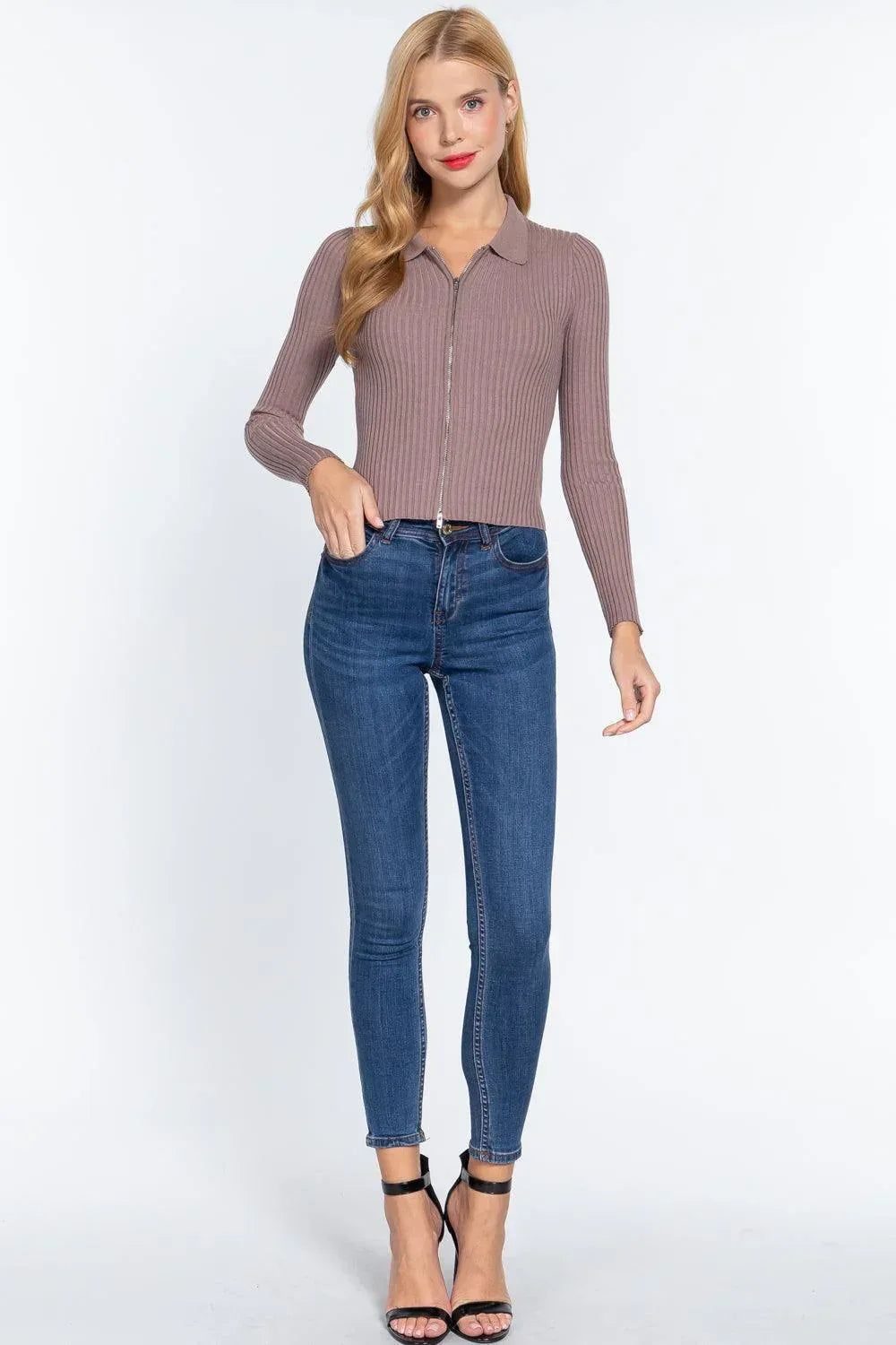 Notched Collar Zippered Sweater Secondary image